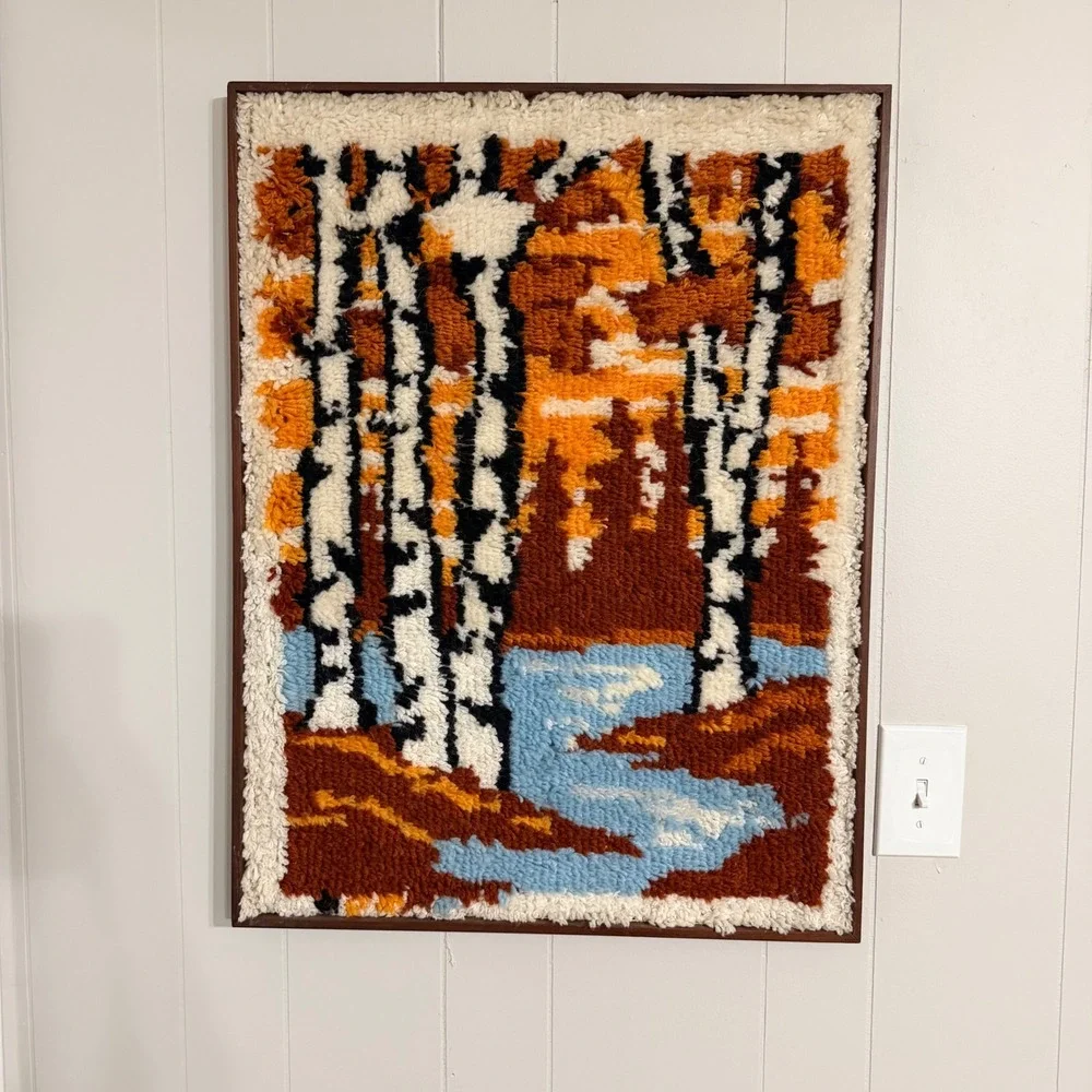 Vintage Latch Hook Rug Wall Hanging Birch Trees Autumn Forest Framed Art 22x30
